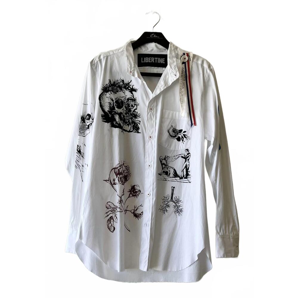 NEW LIBERTINE women's silk screen melange deconstructed classic shirt in white,
